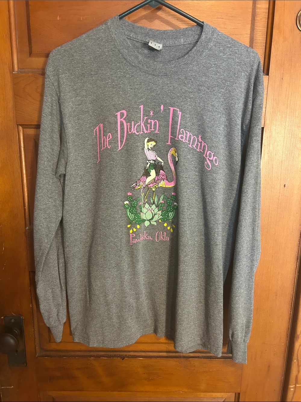 Gildan Gray Long Sleeve Tee with Pink Flamingo Graphic